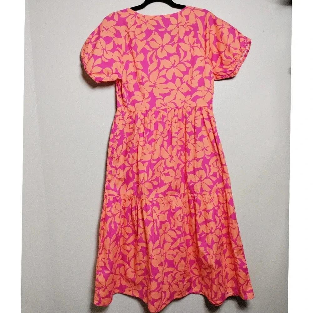 JCrew Pink Orange Tropical Floral Tiered Midi Boho V-Neck Vacation Dress Size 8 - Picture 3 of 8